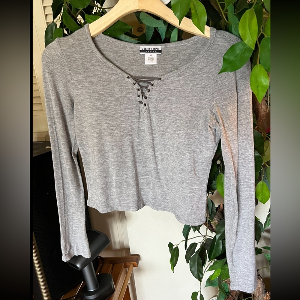 Gray Tie Front Long Sleeve Crop Blouse